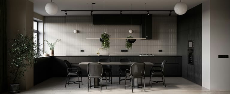 Cuisine sur mesure noir et or avec crédence carrelage, renouveau printanier
