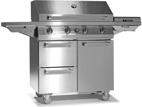 STEEL CUCINE BARBECUE 4B vu de face, inox brossé, 4 brûleurs et couvercle ouvert.